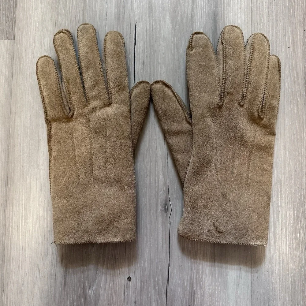 Aris Brown Suede Leather Gloves Sz M Faux Sherpa Lined * Has Some Discoloration